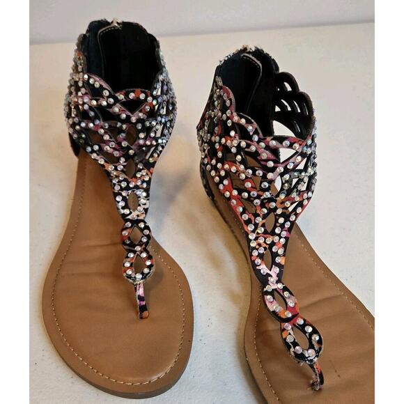 Thalia Sodi Faux Snakeskin Strappy Sandals MULTICOLOR RHINESTONE Sz 7M Zip Heel - Picture 1 of 10